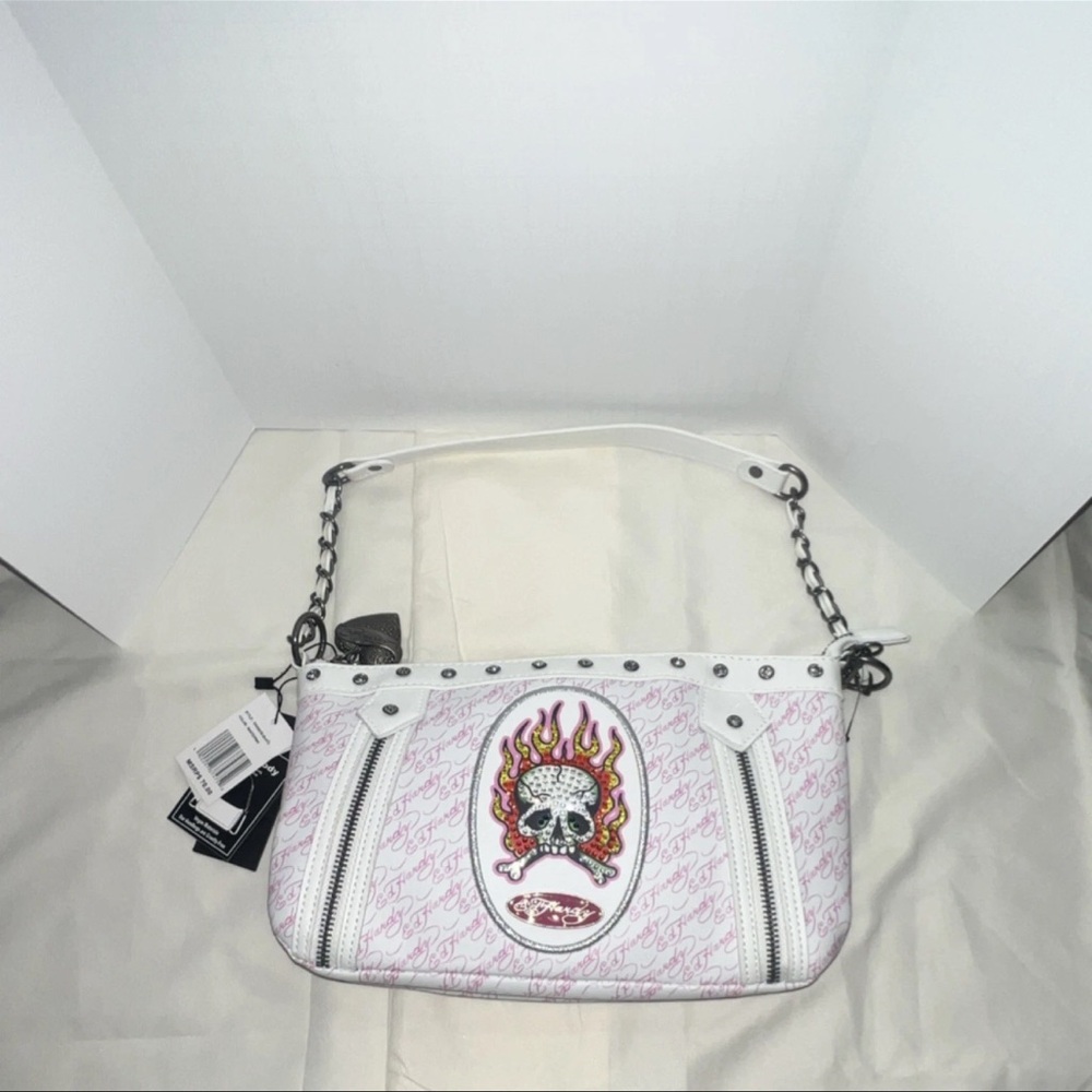 Ed Hardy Skull Design Shoulder Bag in White and Pink